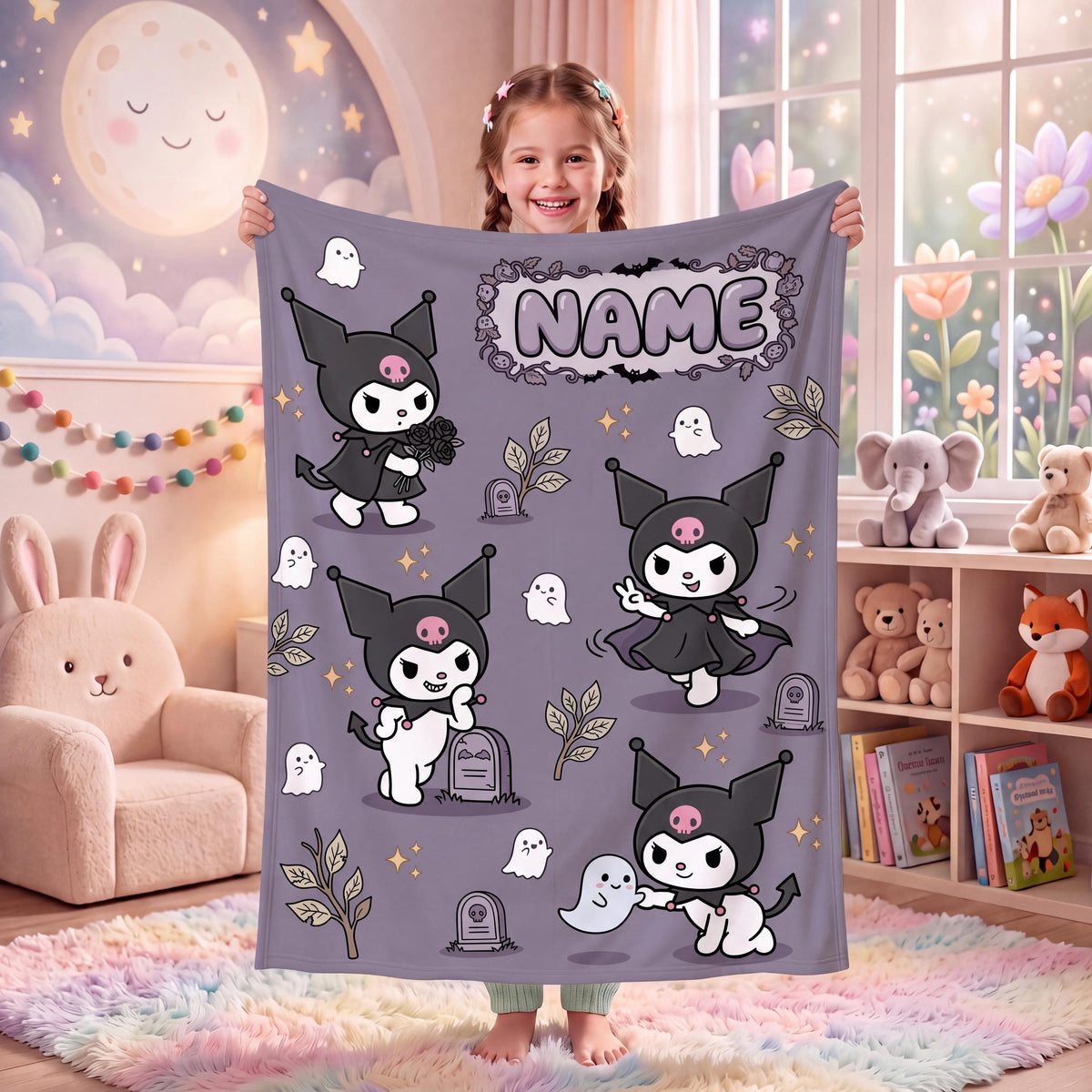 Personalized Kuromi Spooky Blanket, Custom Name Graveyard Throw, Gothic Kawaii Bedding, Soft Flannel Fleece, Halloween Gift for Girls