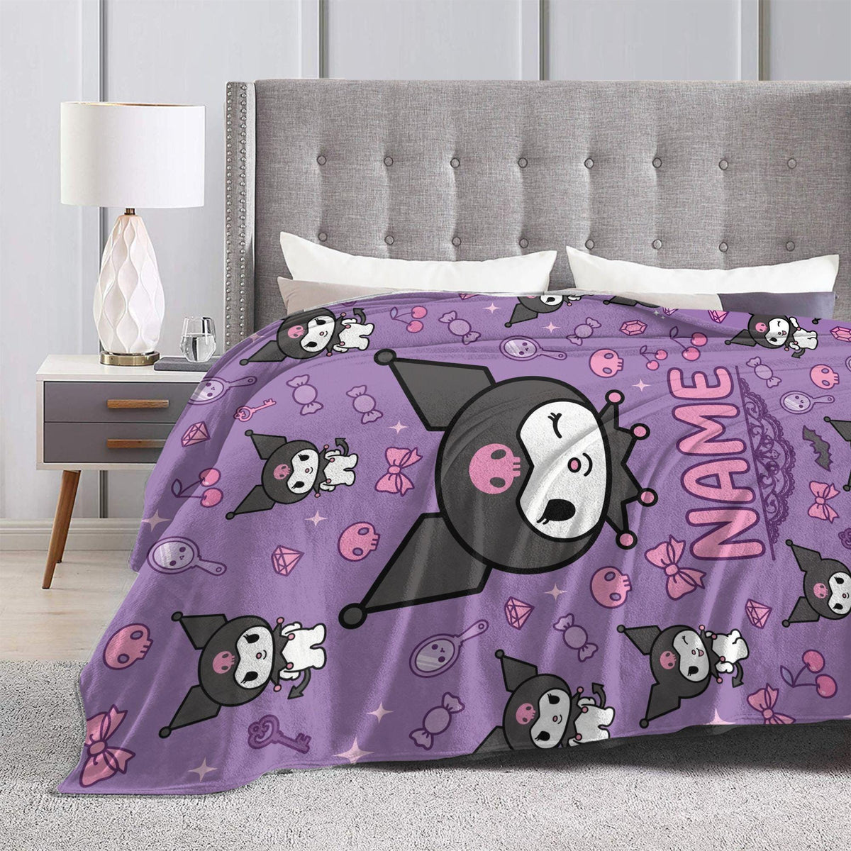 Personalized Kuromi Vanity Blanket, Custom Name Cute Pastel Throw, Kawaii Bedroom Decor, Soft Flannel Fleece, Birthday Gift for Teen Girls