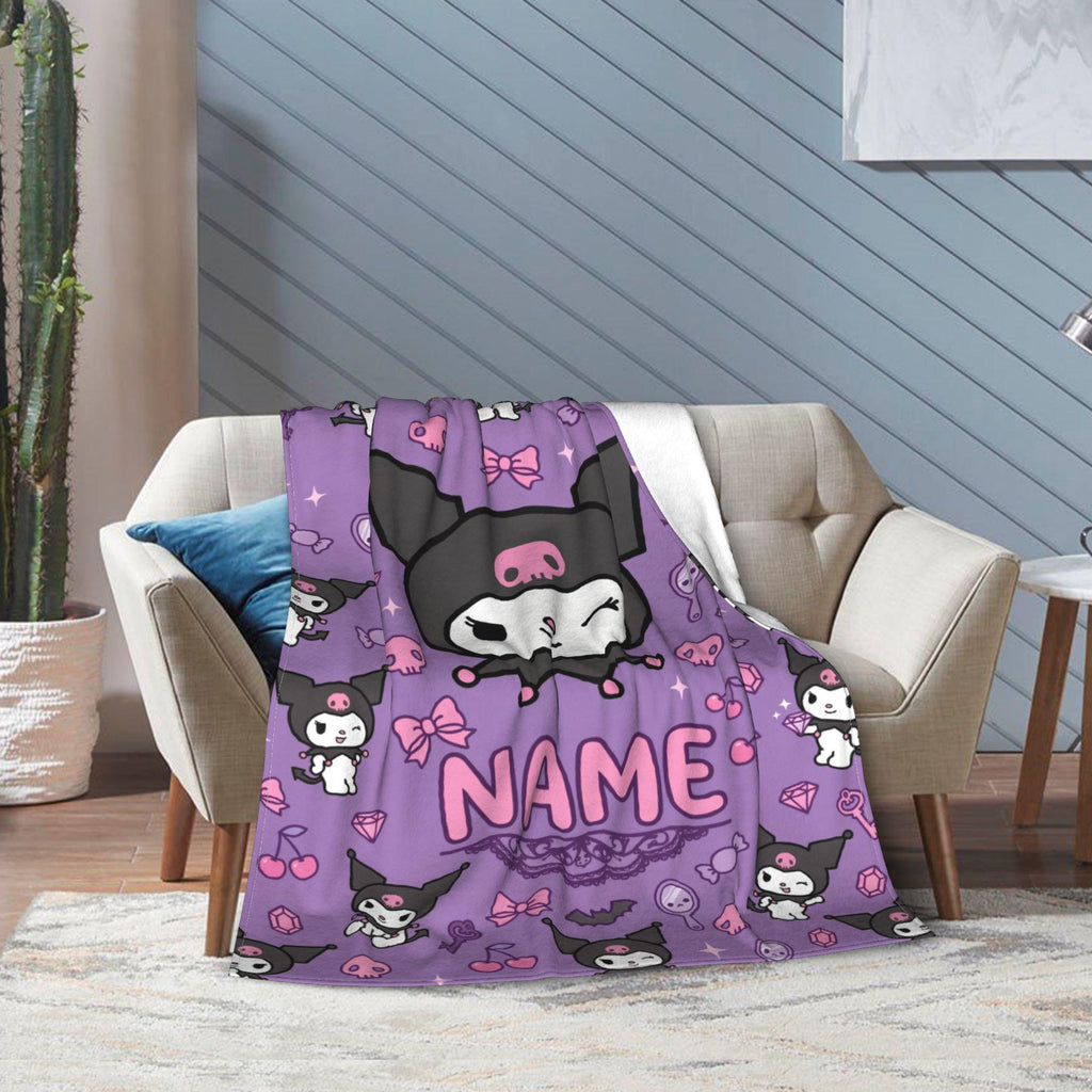 Personalized Kuromi Vanity Blanket, Custom Name Cute Pastel Throw, Kawaii Bedroom Decor, Soft Flannel Fleece, Birthday Gift for Teen Girls