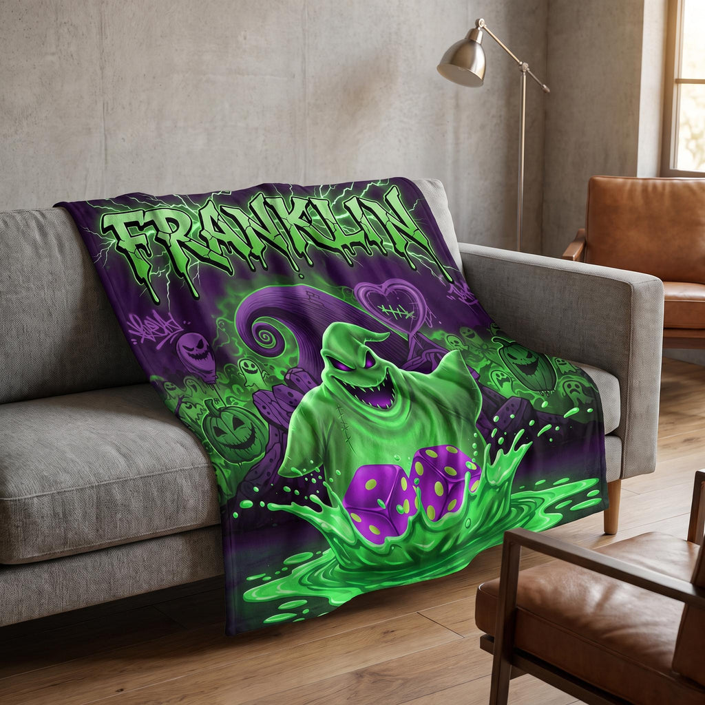 Personalized Halloween Blanket, Spooky Monster Custom Name Throw, Neon Green Creepy Dice Ghost Fleece, Goth Room Decor Gift for Boys