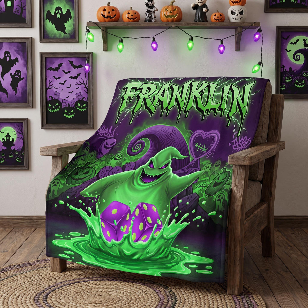 Personalized Halloween Blanket, Spooky Monster Custom Name Throw, Neon Green Creepy Dice Ghost Fleece, Goth Room Decor Gift for Boys
