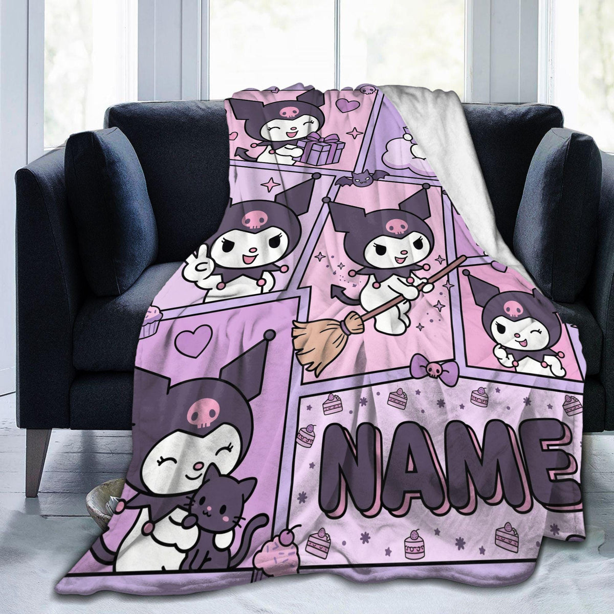 Personalized Manga Comic Blanket, Custom Gothic Throw, Pastel Goth Bedroom Bedding, Birthday Gift for Daughter Teen, Soft Flannel Blanket