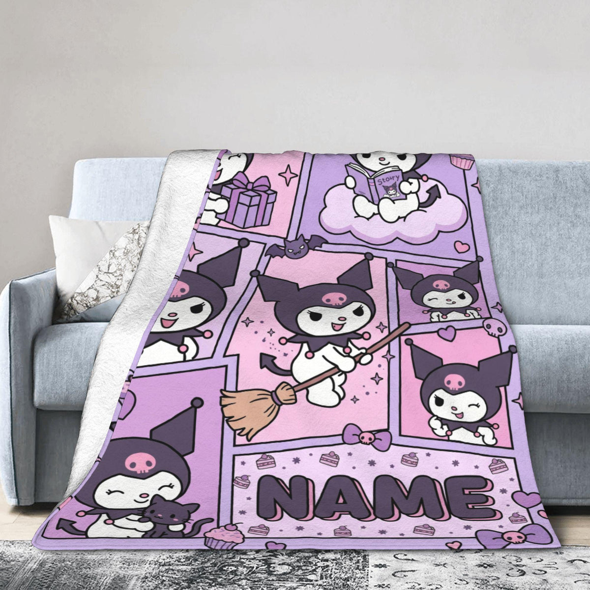 Personalized Manga Comic Blanket, Custom Gothic Throw, Pastel Goth Bedroom Bedding, Birthday Gift for Daughter Teen, Soft Flannel Blanket