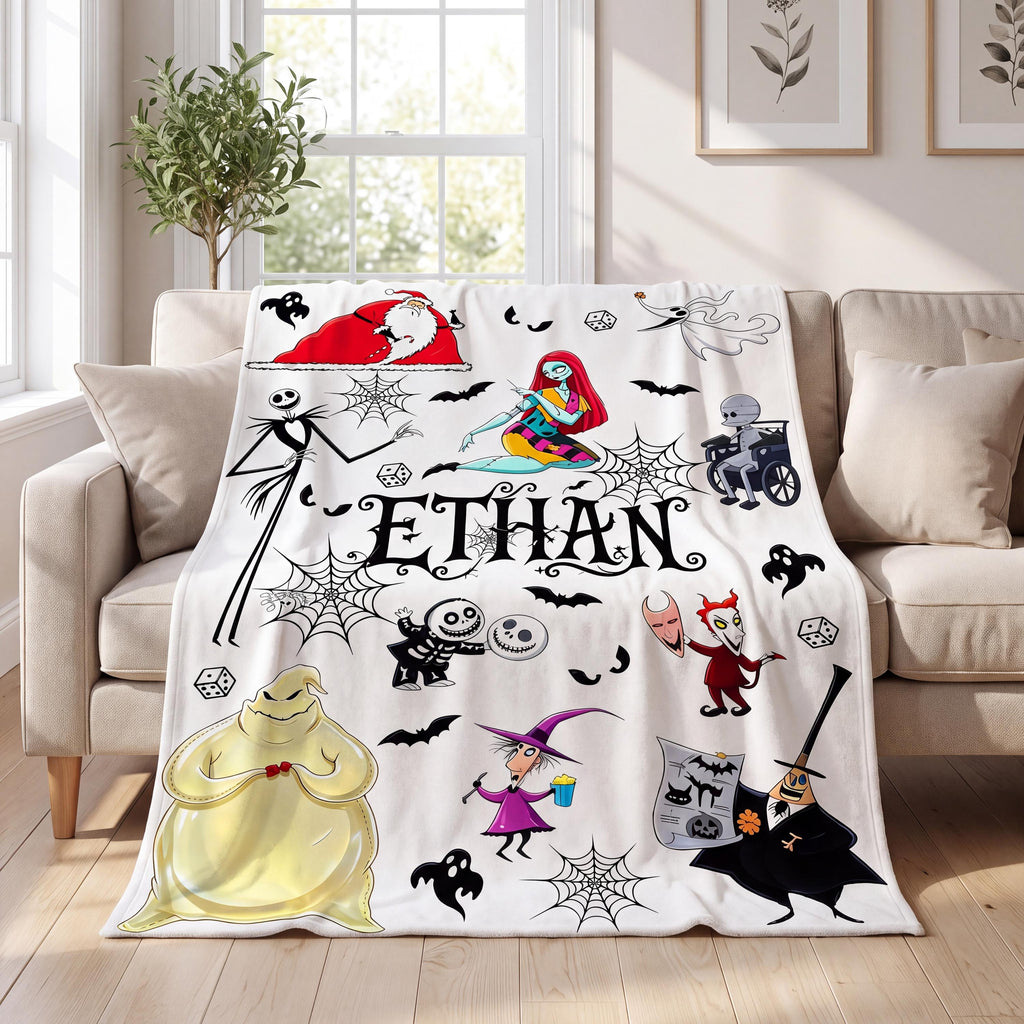 Custom Halloween Town Flannel Blanket, Personalized Jack and Sally Name Throw, Spooky Movie Fan Gift, Gothic Kids Bedroom Decor Bedding