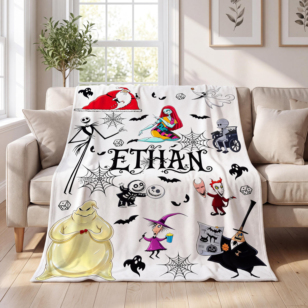 Custom Halloween Town Flannel Blanket, Personalized Jack and Sally Name Throw, Spooky Movie Fan Gift, Gothic Kids Bedroom Decor Bedding