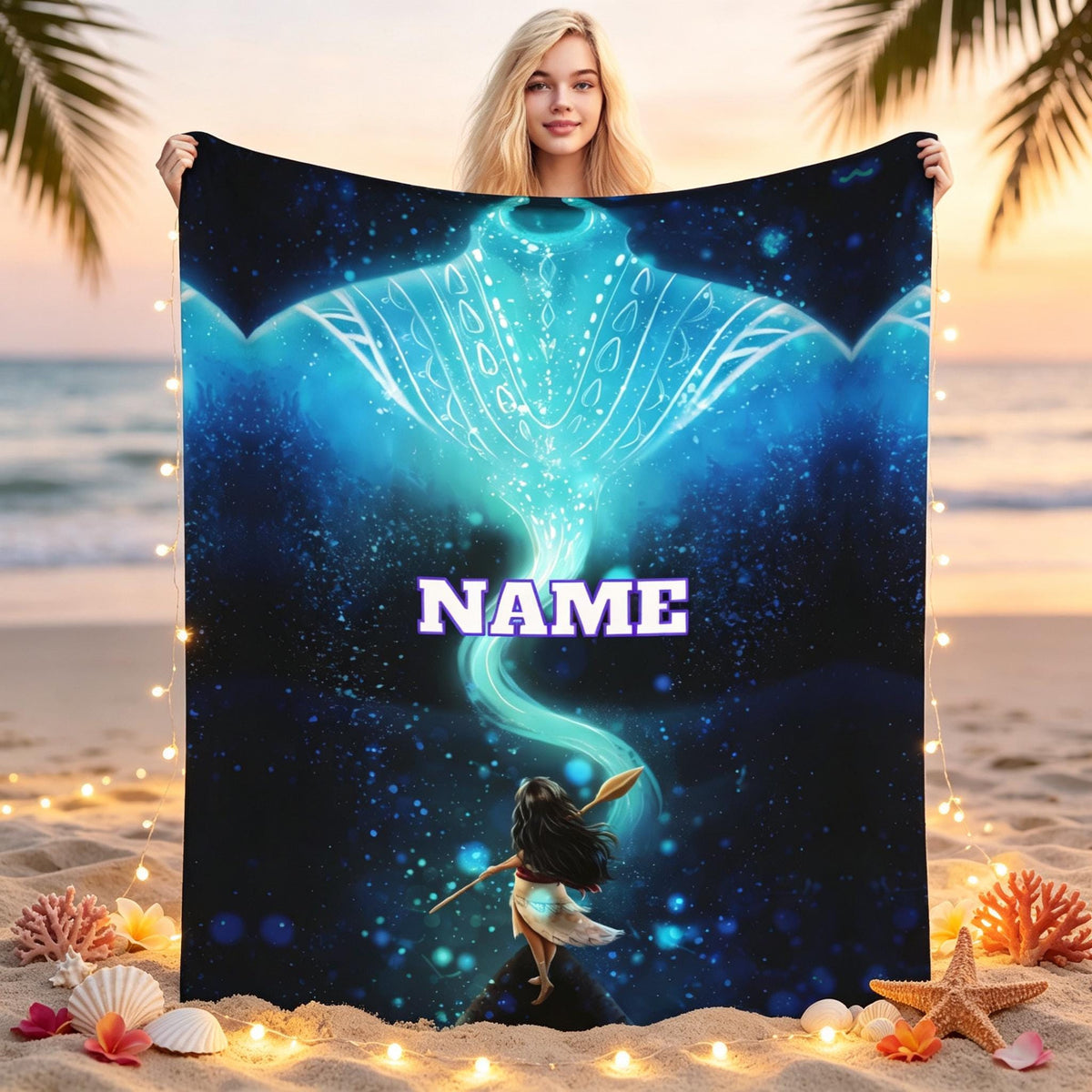 Personalized Ocean Girl Flannel Blanket, Custom Name Polynesian Adventure Throw, Magical Whale Kids Blanket, Birthday Gift for Girls