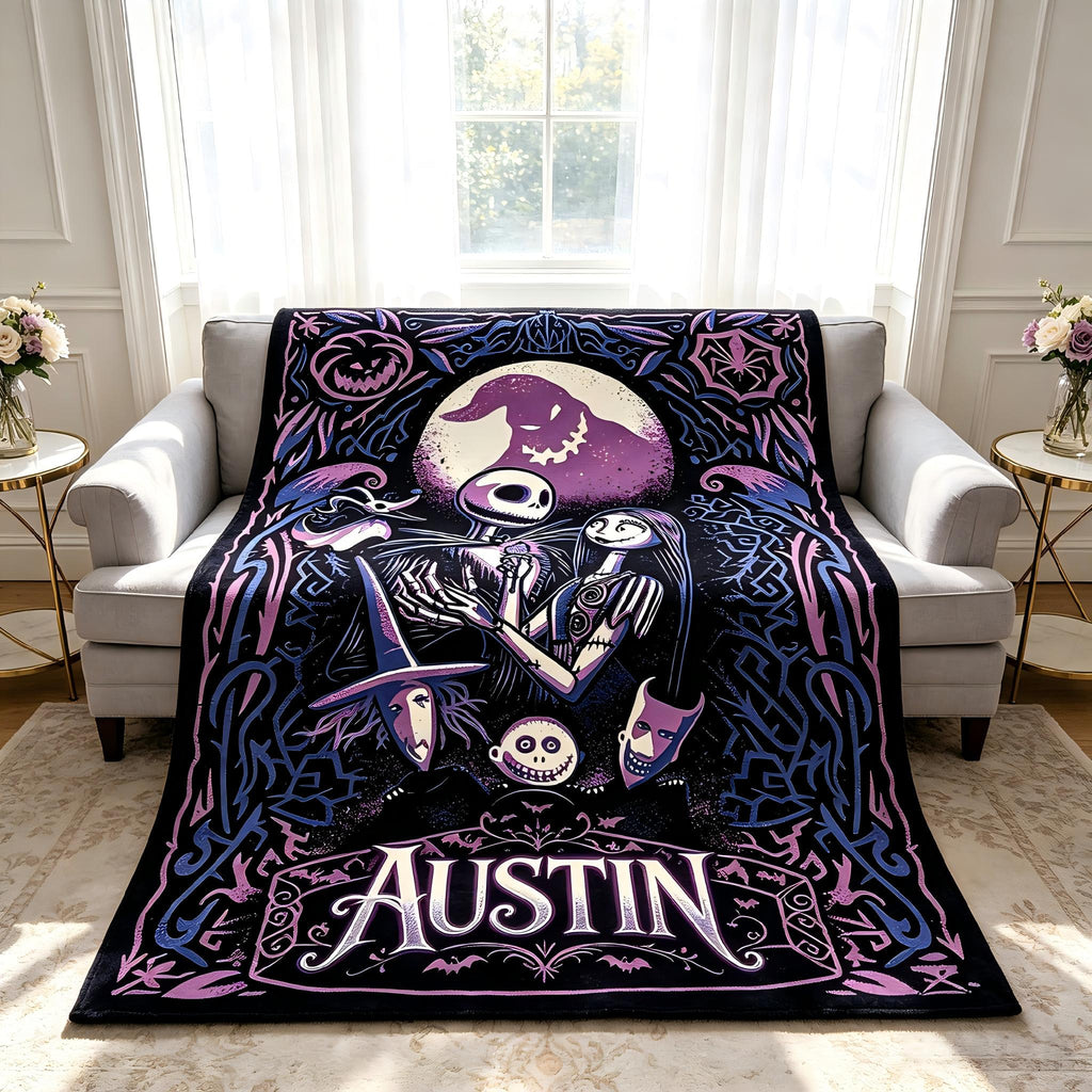 Personalized Jack and Sally Flannel Blanket, Custom Name Halloween Town Throw, Spooky Gothic Room Decor for Kids, Movie Fan Couple Gift