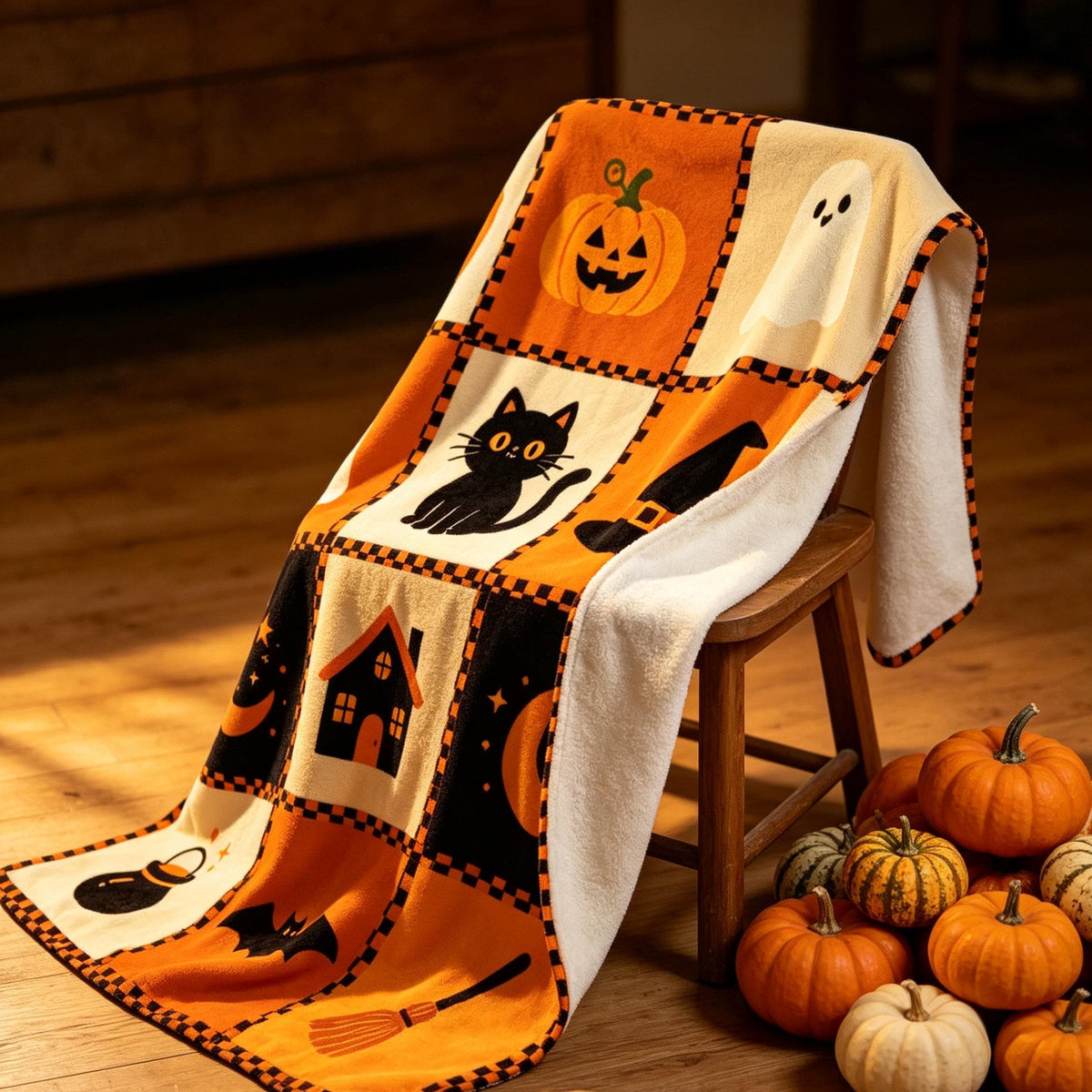 Halloween Patchwork Blanket, Vintage Quilt Style Throw, Orange Black Flannel, Spooky Season Decor, Cozy Home Gift