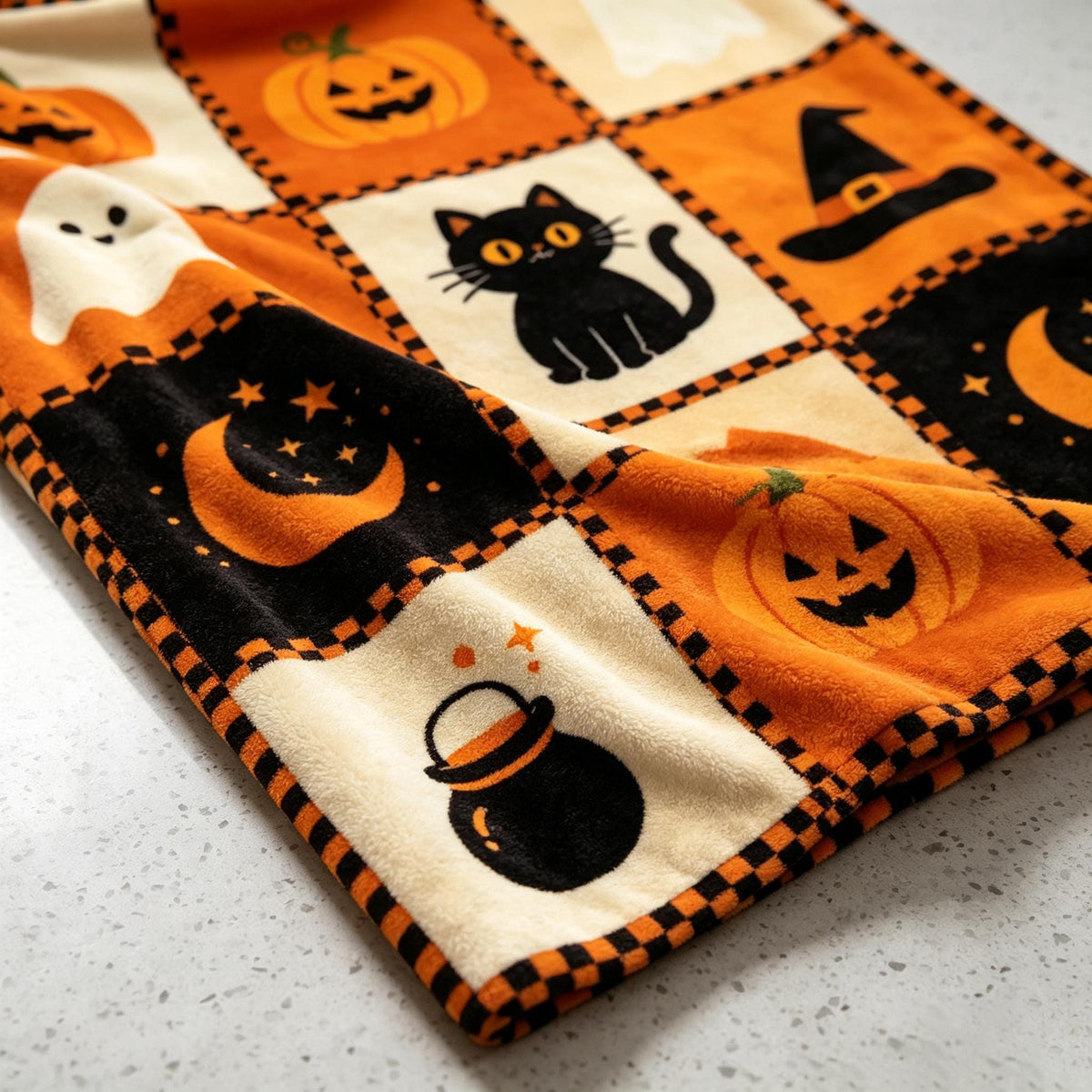 Halloween Patchwork Blanket, Vintage Quilt Style Throw, Orange Black Flannel, Spooky Season Decor, Cozy Home Gift
