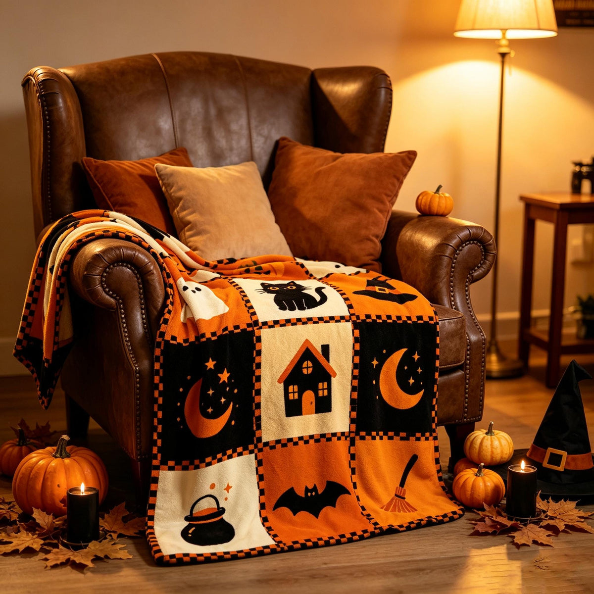 Halloween Patchwork Blanket, Vintage Quilt Style Throw, Orange Black Flannel, Spooky Season Decor, Cozy Home Gift