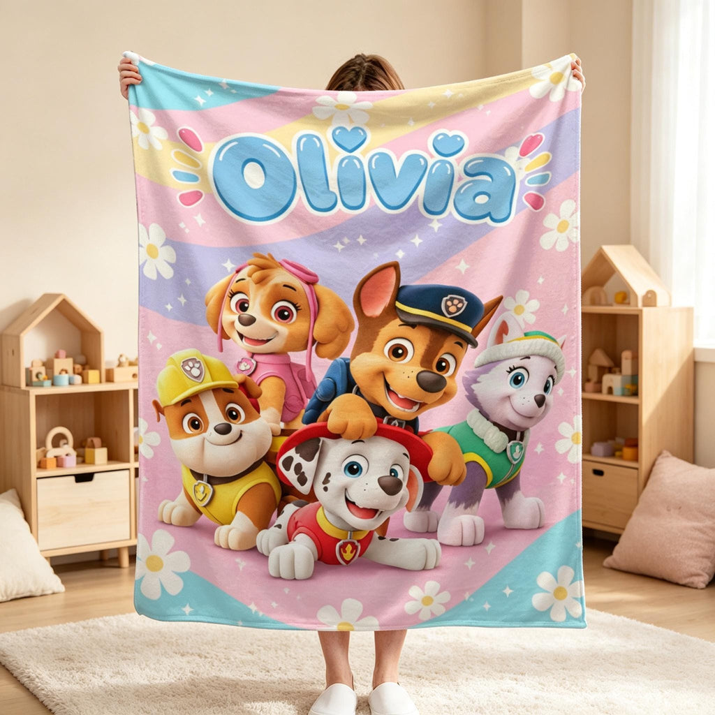 Personalized Rescue Pups Blanket Custom Name Cute Dog Daisy Soft Cozy Fleece Throw