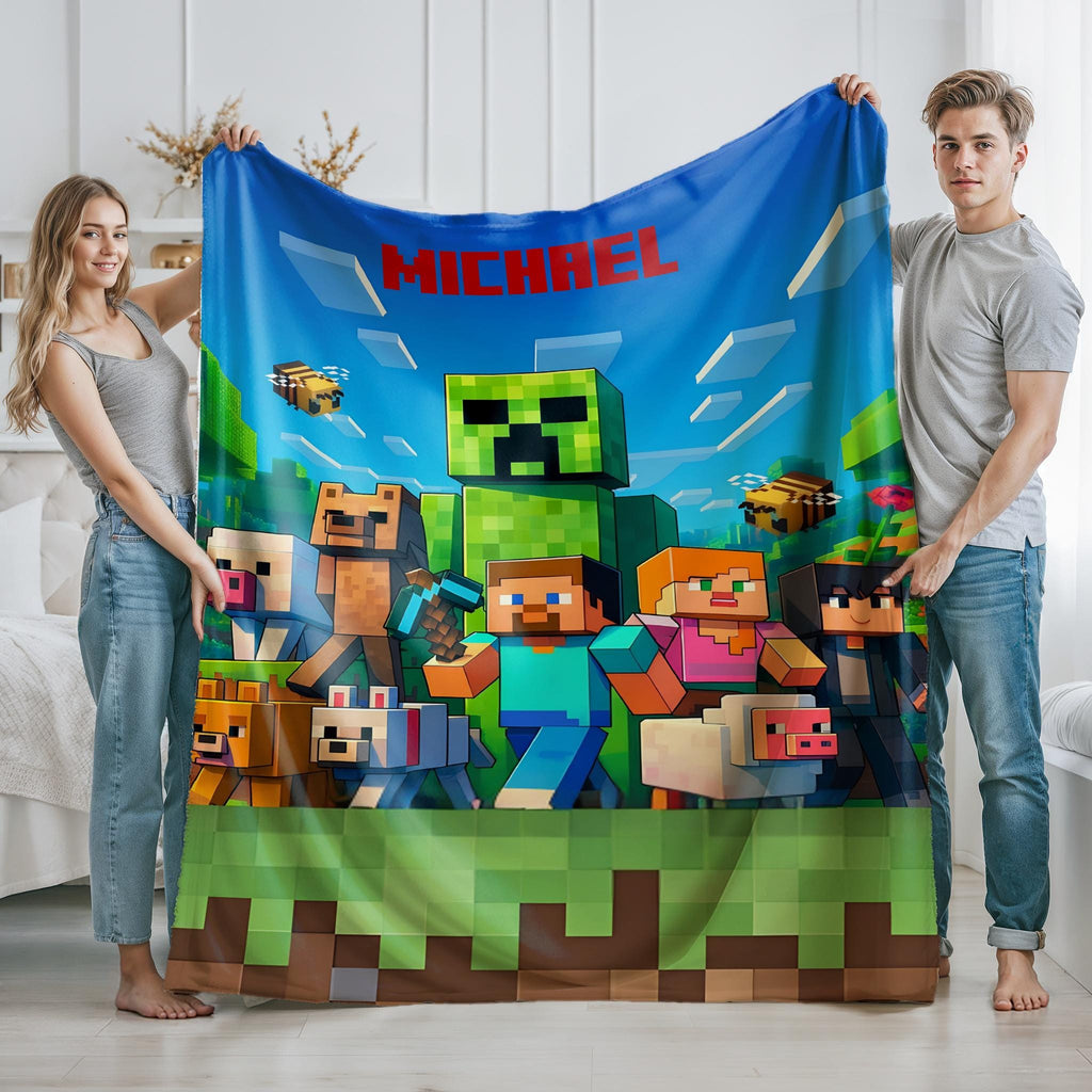 Personalized Minecraft Blanket, Custom Minecraft Throw with Name, Pixel Game Blanket, Gaming Gift for Kids, Gamer Birthday Gift,