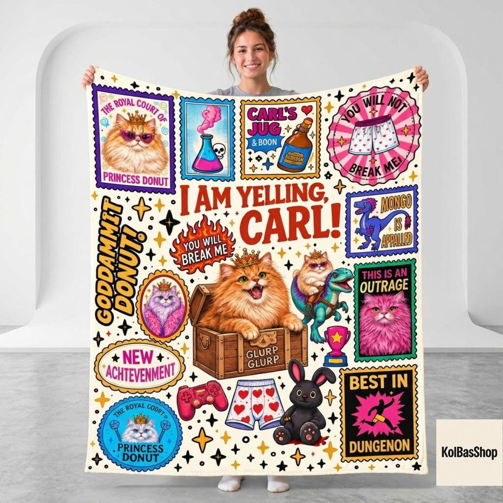 I Am Yelling Carl Blanket, Princess Donut Blanket, Dungeon Crawler Carl Bookish Throw with Colorful Quote Stamps, LitRPG Fan Gift