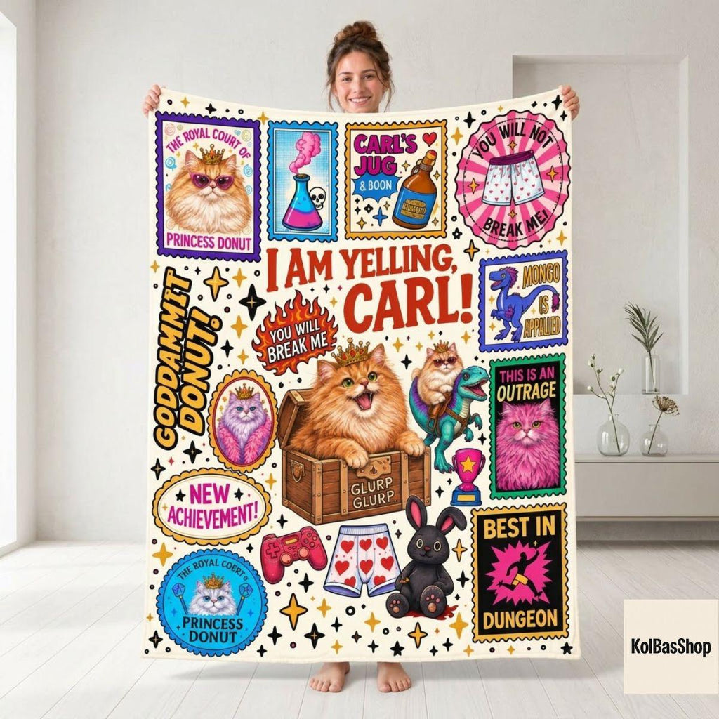 I Am Yelling Carl Blanket, Princess Donut Blanket, Dungeon Crawler Carl Bookish Throw with Colorful Quote Stamps, LitRPG Fan Gift