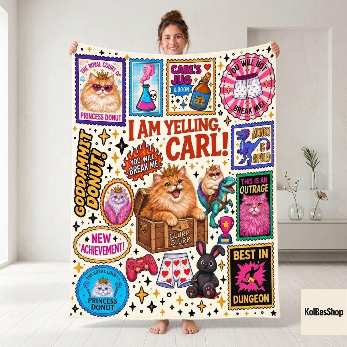 I Am Yelling Carl Blanket, Princess Donut Blanket, Dungeon Crawler Carl Bookish Throw with Colorful Quote Stamps, LitRPG Fan Gift