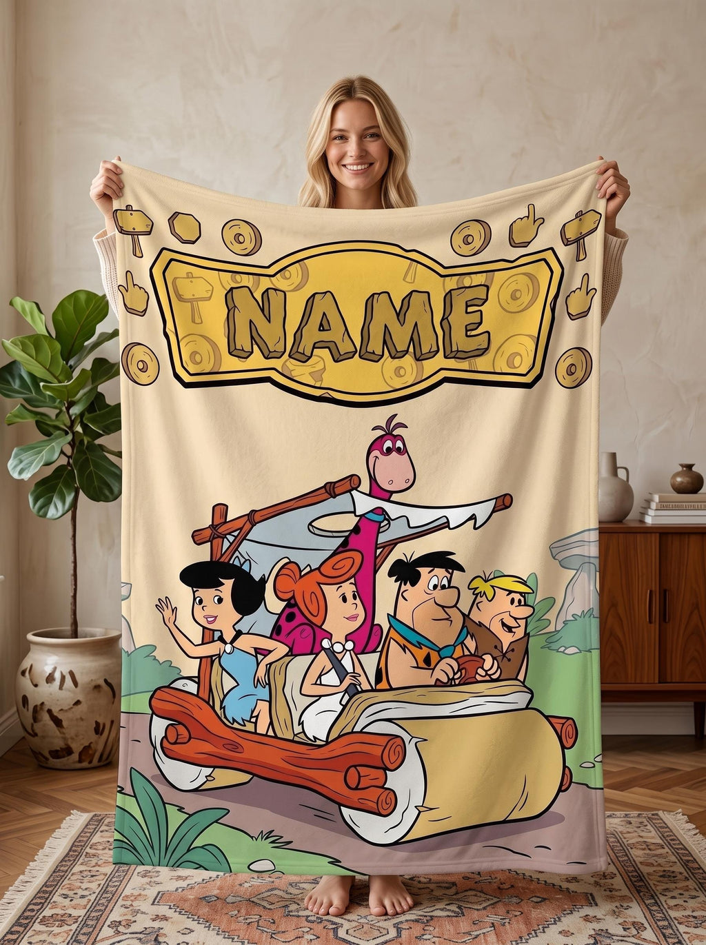 Personalized Foot-Powered Stone Car Flannel Blanket, Custom Prehistoric Ride Throw, Vintage Cartoon Bedding, Road Trip Gift for Family