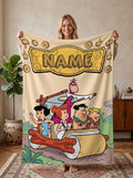Personalized Foot-Powered Stone Car Flannel Blanket, Custom Prehistoric Ride Throw, Vintage Cartoon Bedding, Road Trip Gift for Family