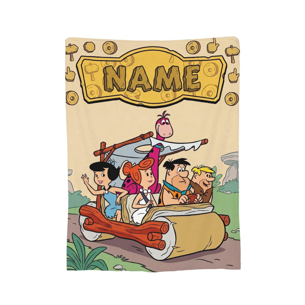 Personalized Foot-Powered Stone Car Flannel Blanket, Custom Prehistoric Ride Throw, Vintage Cartoon Bedding, Road Trip Gift for Family