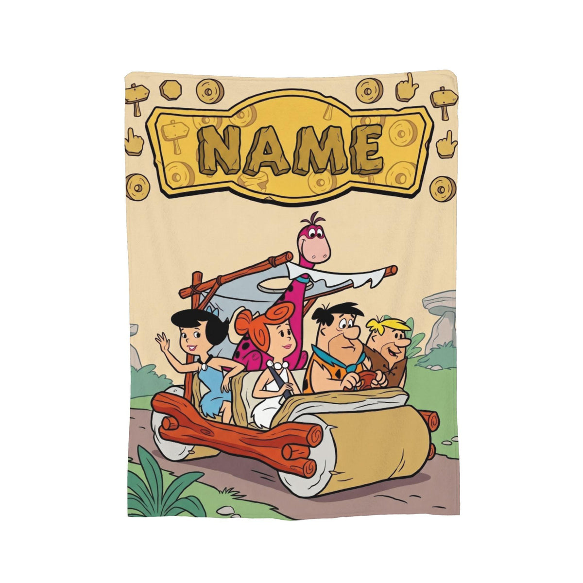 Personalized Foot-Powered Stone Car Flannel Blanket, Custom Prehistoric Ride Throw, Vintage Cartoon Bedding, Road Trip Gift for Family