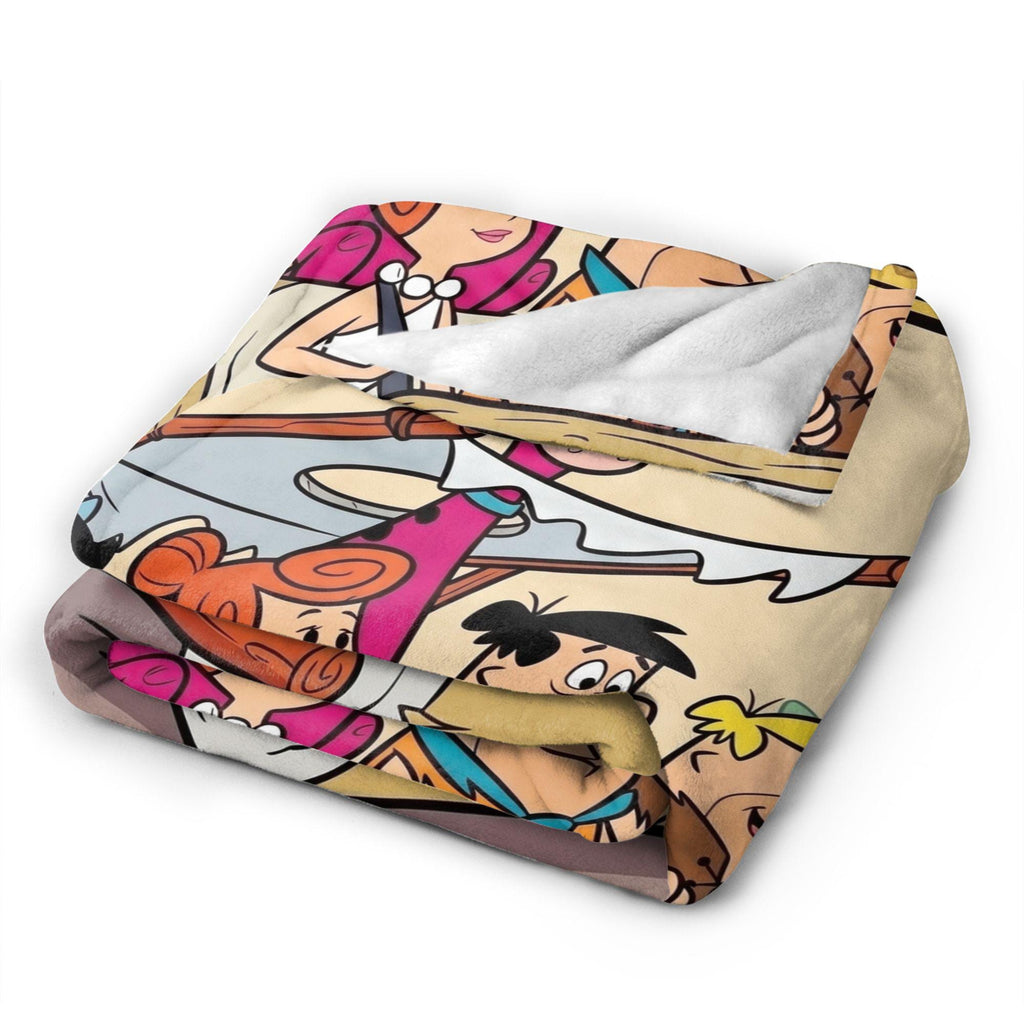Personalized Foot-Powered Stone Car Flannel Blanket, Custom Prehistoric Ride Throw, Vintage Cartoon Bedding, Road Trip Gift for Family