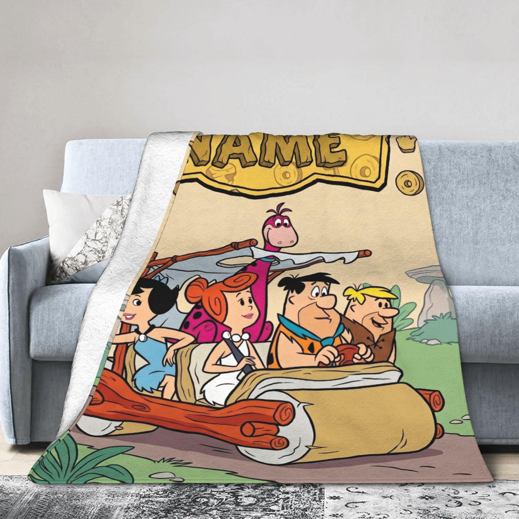 Personalized Foot-Powered Stone Car Flannel Blanket, Custom Prehistoric Ride Throw, Vintage Cartoon Bedding, Road Trip Gift for Family