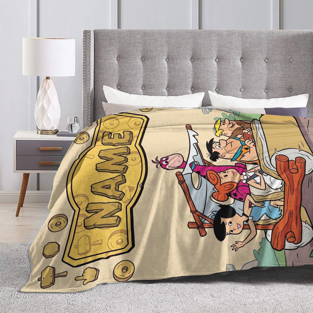 Personalized Foot-Powered Stone Car Flannel Blanket, Custom Prehistoric Ride Throw, Vintage Cartoon Bedding, Road Trip Gift for Family