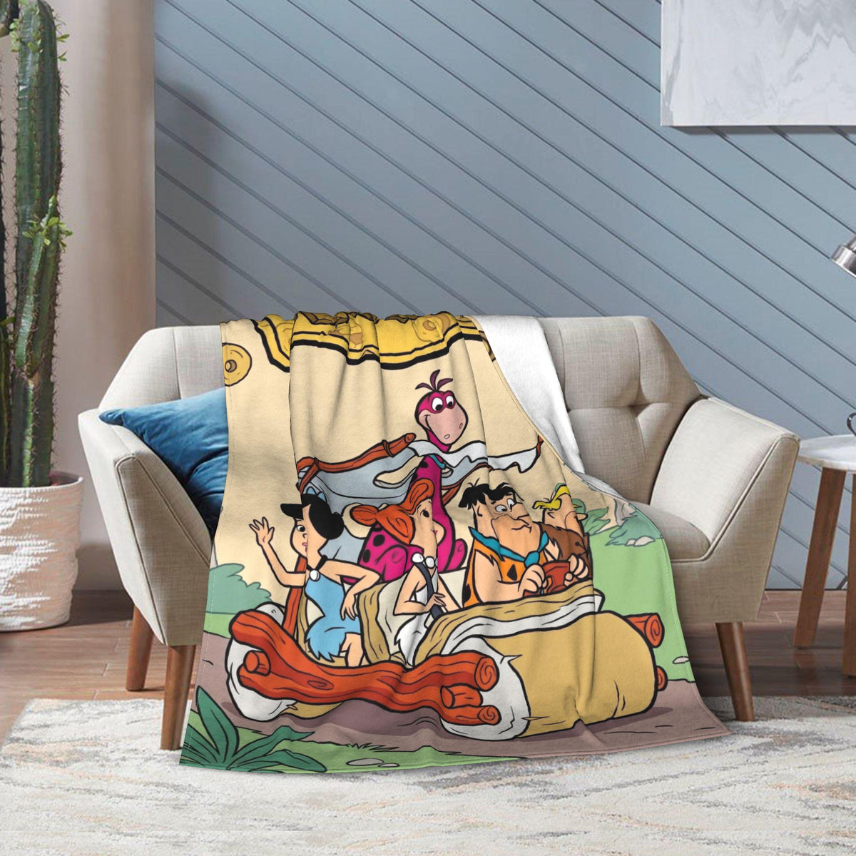 Personalized Foot-Powered Stone Car Flannel Blanket, Custom Prehistoric Ride Throw, Vintage Cartoon Bedding, Road Trip Gift for Family