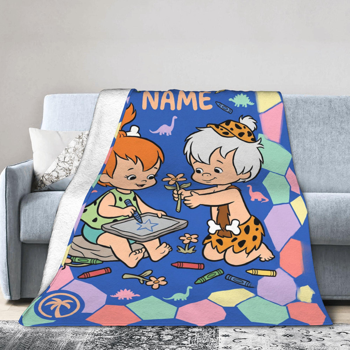Personalized Prehistoric Duo Flannel Blanket, Custom Cave Kids Club & Bone Throw, Retro Stone Age Bedding, Best Friends Gift for Toddlers