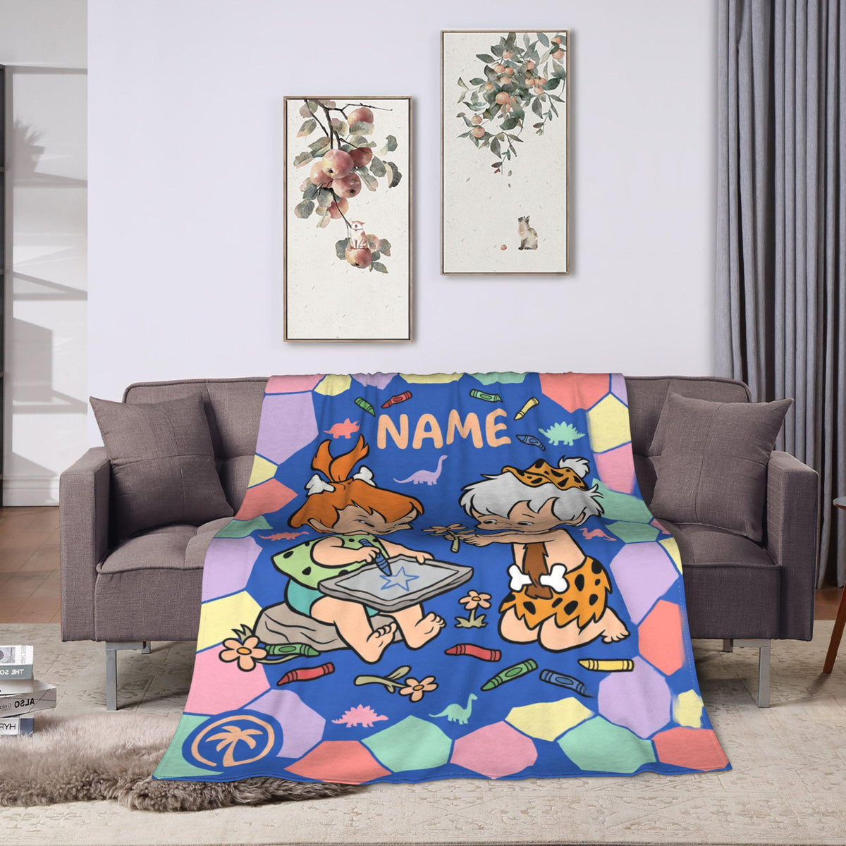 Personalized Prehistoric Duo Flannel Blanket, Custom Cave Kids Club & Bone Throw, Retro Stone Age Bedding, Best Friends Gift for Toddlers