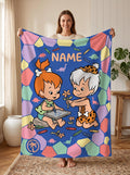 Personalized Prehistoric Duo Flannel Blanket, Custom Cave Kids Club & Bone Throw, Retro Stone Age Bedding, Best Friends Gift for Toddlers