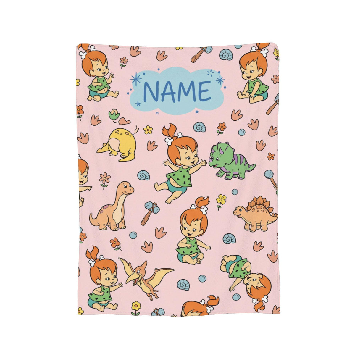Personalized Prehistoric Girl Flannel Blanket, Custom Bone Hair Baby Throw, Pastel Pink Cave Bedding, Retro Cartoon Nursery Gift
