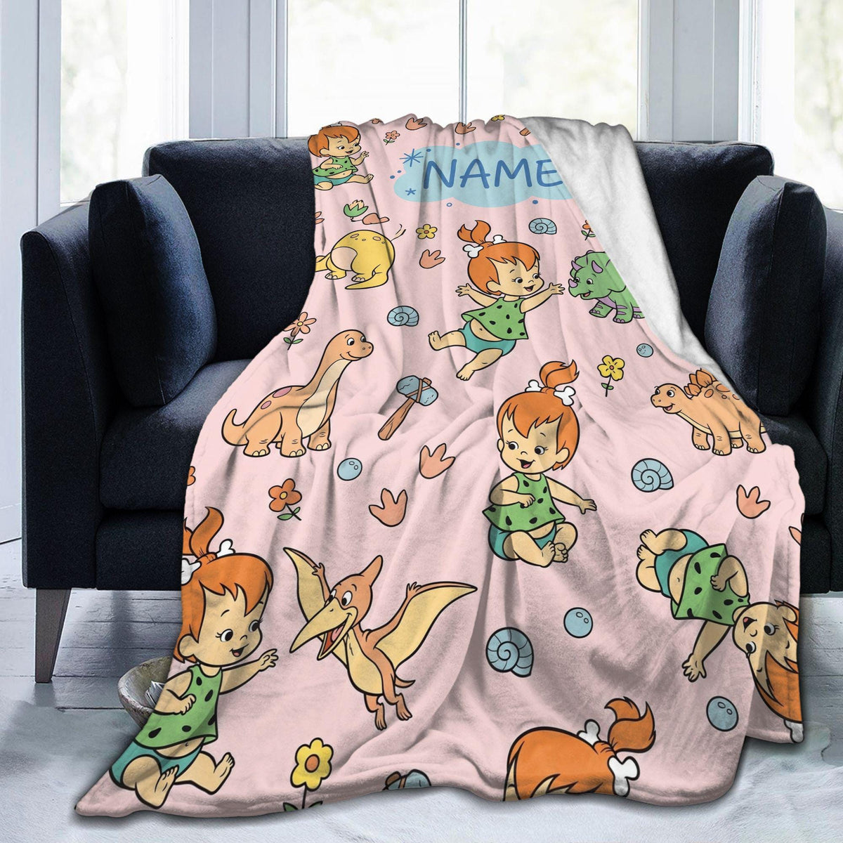 Personalized Prehistoric Girl Flannel Blanket, Custom Bone Hair Baby Throw, Pastel Pink Cave Bedding, Retro Cartoon Nursery Gift