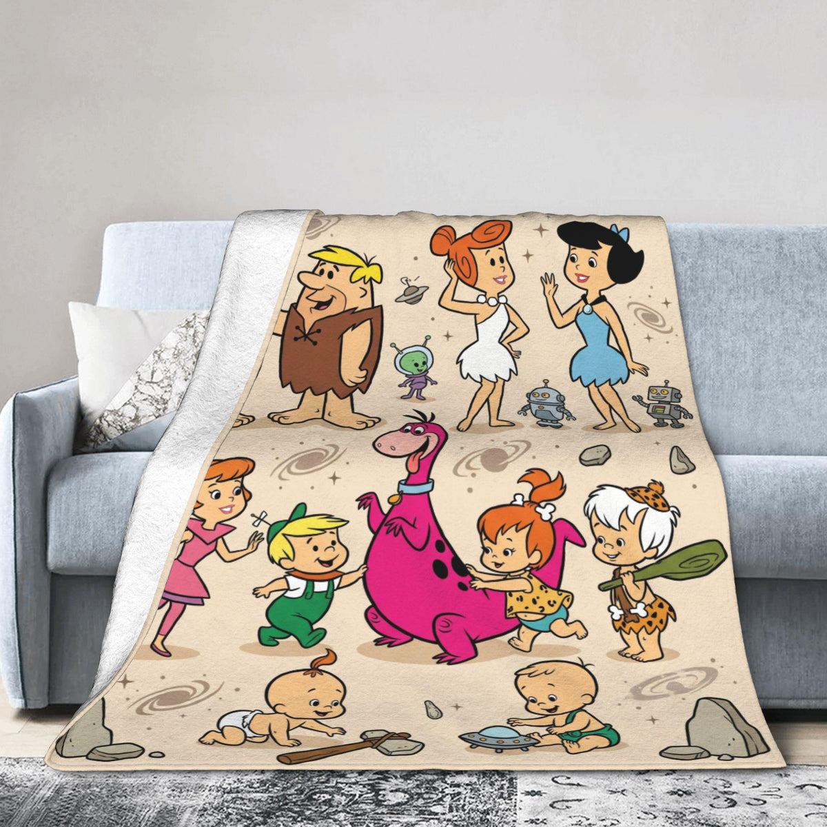 Personalized Stone Age Meets Future Era Flannel Blanket, Custom Retro Crossover Throw, Vintage Comic Bedding, Fun Family Gift for Fans