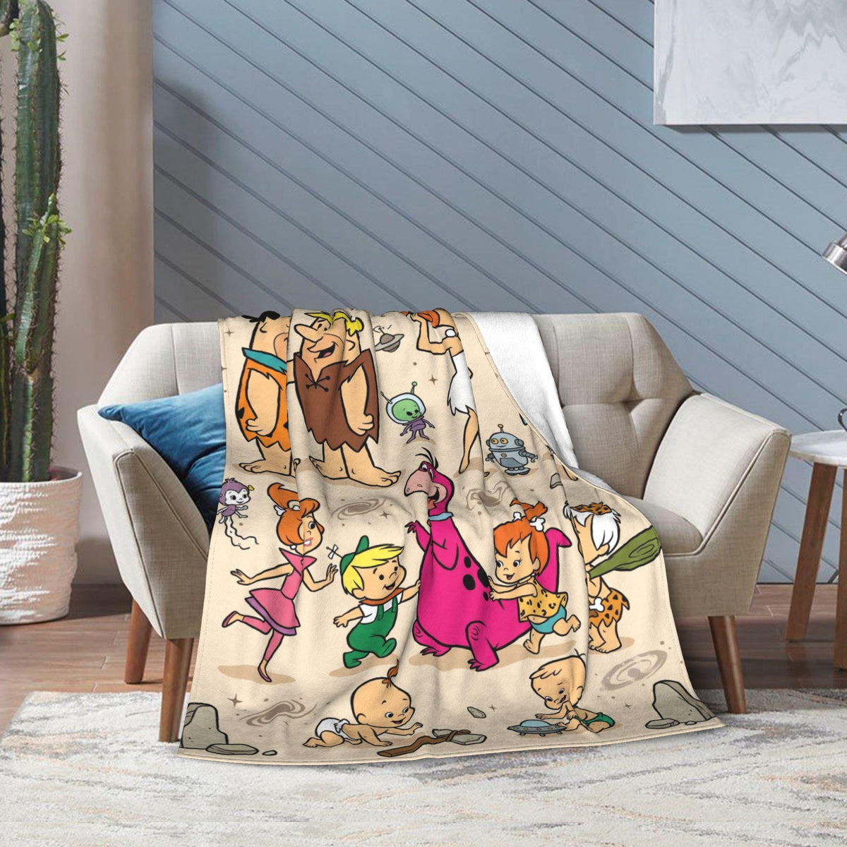 Personalized Stone Age Meets Future Era Flannel Blanket, Custom Retro Crossover Throw, Vintage Comic Bedding, Fun Family Gift for Fans