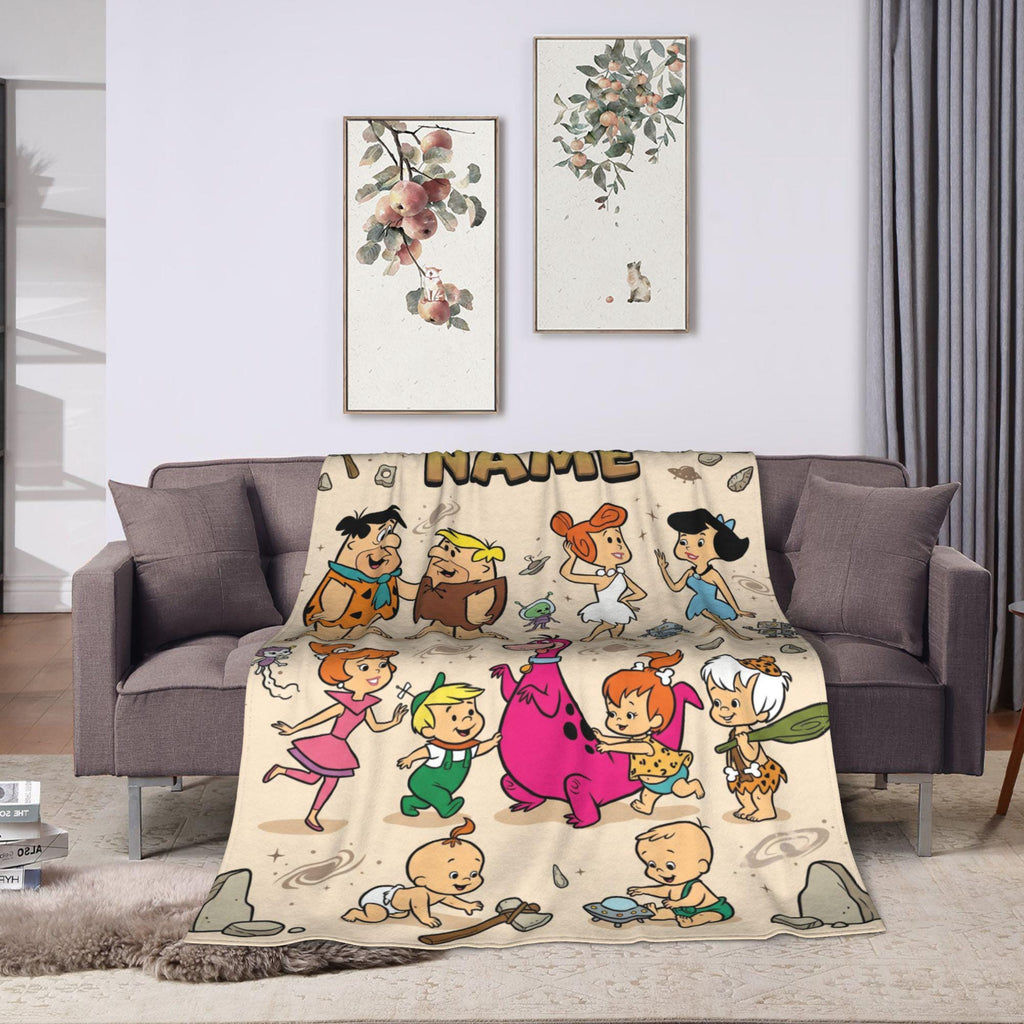 Personalized Stone Age Meets Future Era Flannel Blanket, Custom Retro Crossover Throw, Vintage Comic Bedding, Fun Family Gift for Fans