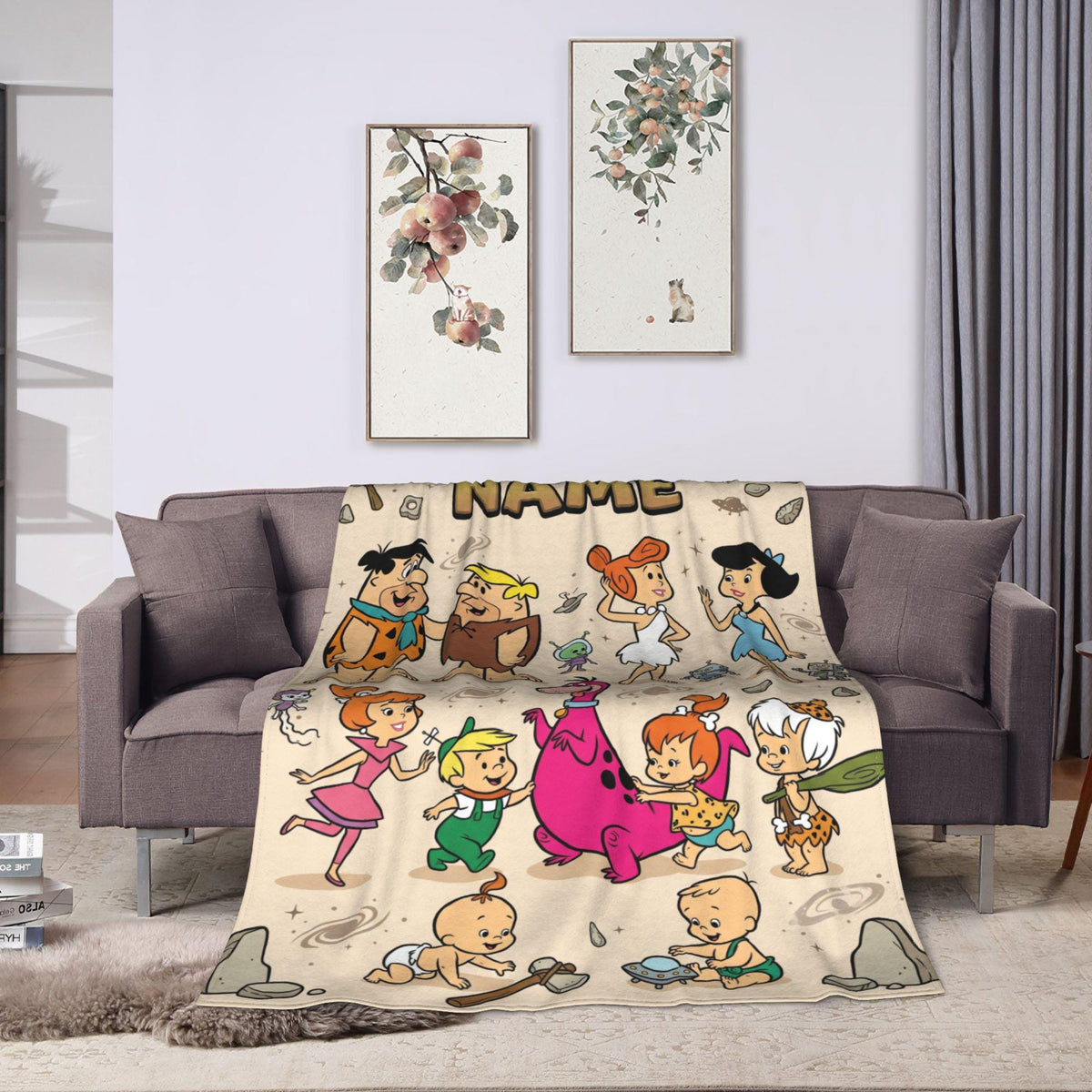 Personalized Stone Age Meets Future Era Flannel Blanket, Custom Retro Crossover Throw, Vintage Comic Bedding, Fun Family Gift for Fans