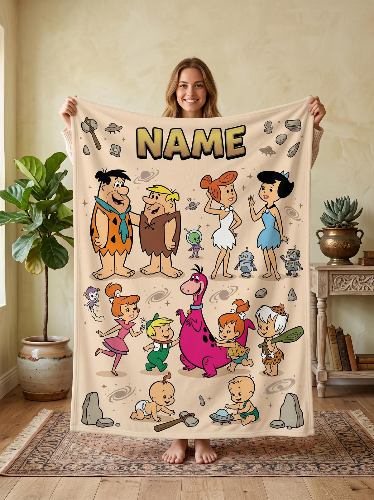 Personalized Stone Age Meets Future Era Flannel Blanket, Custom Retro Crossover Throw, Vintage Comic Bedding, Fun Family Gift for Fans
