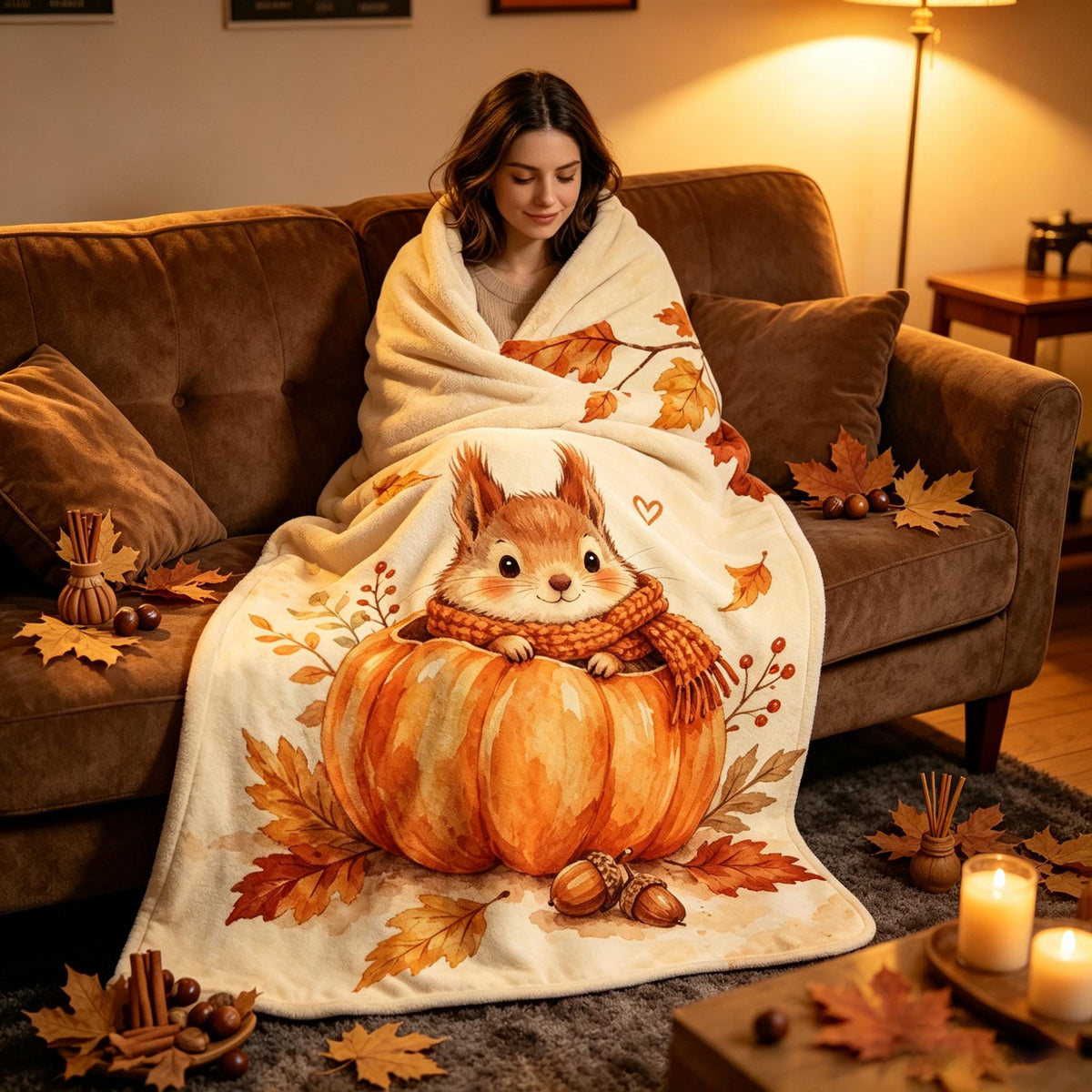 Watercolor Fall Throw Blanket, Cozy Squirrel Pumpkin Autumn Decor, Soft Flannel Bedding, Housewarming Gift for Nature Lover
