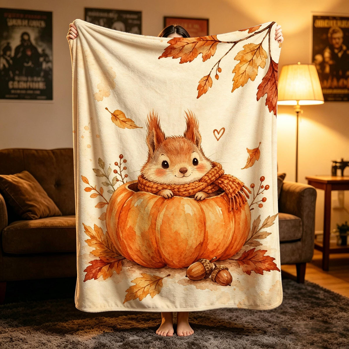 Watercolor Fall Throw Blanket, Cozy Squirrel Pumpkin Autumn Decor, Soft Flannel Bedding, Housewarming Gift for Nature Lover