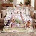 Personalized Woodland Bear Blanket, Custom Forest Animal Flannel Throw, Vintage Baby Boy Nursery Bedding, Toddler Gift, Name Baby Blanket