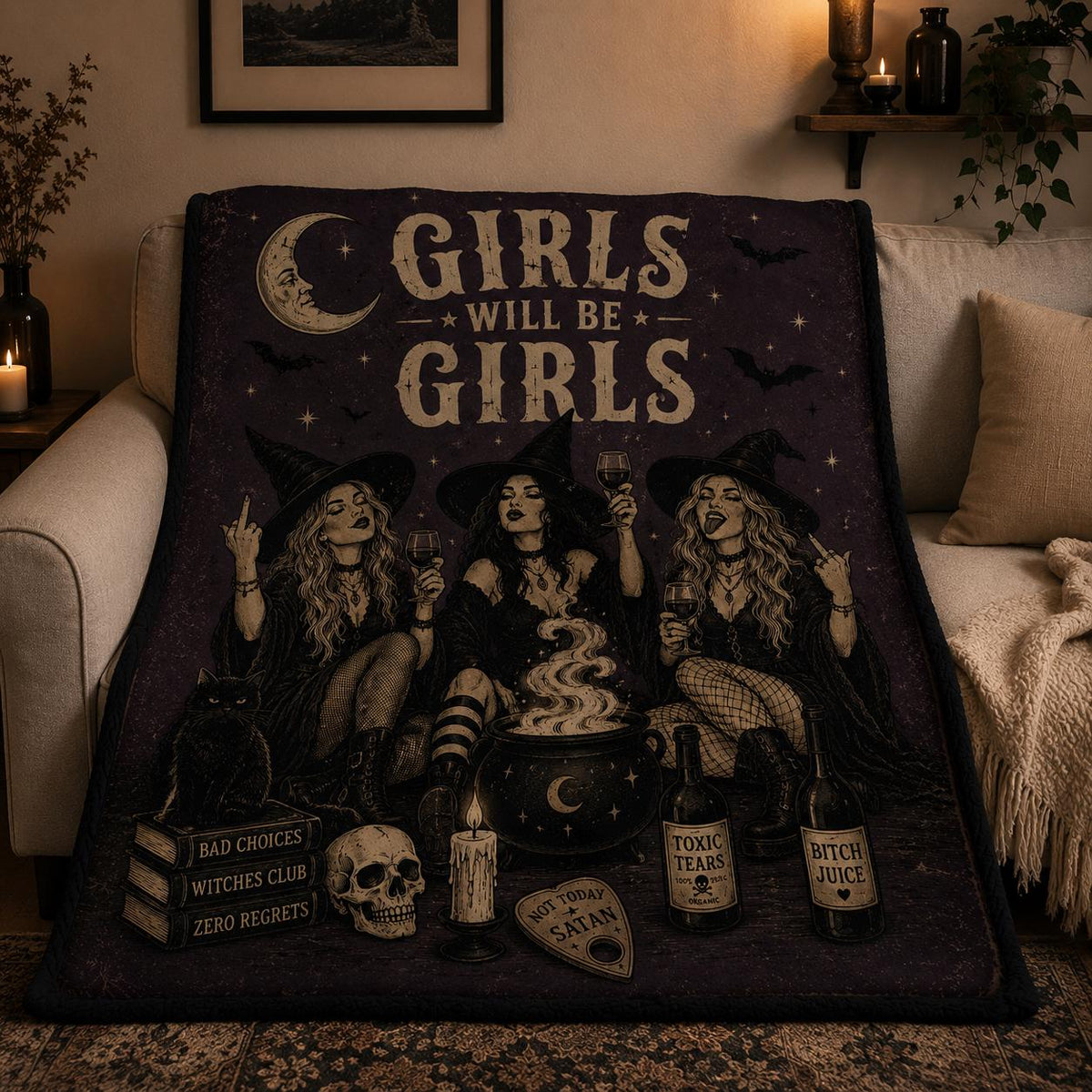 Girls Will Be Girls Witch Blanket, Funny Halloween Blanket, Vintage Witchy Throw, Gothic Halloween Decor, Witch Gift for Her