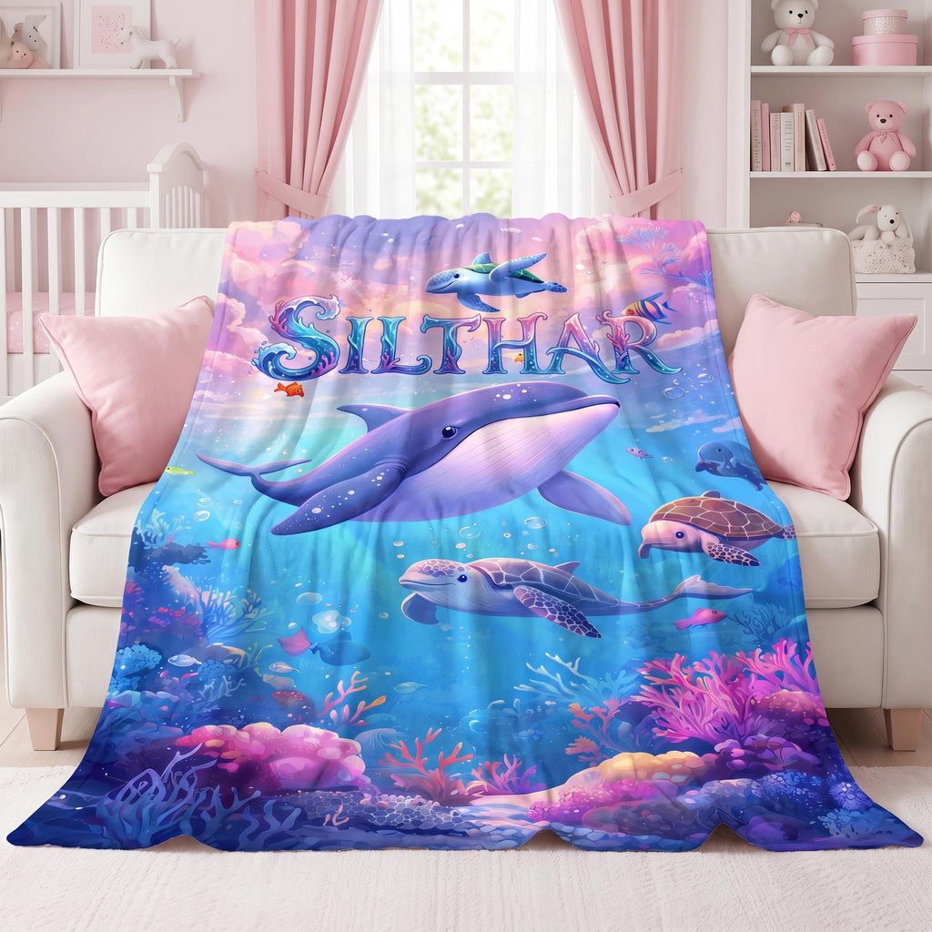 Personalized Ocean Blanket, Custom Name Whale Baby Blanket, Under the Sea Nursery Decor, Dreamy Sea Turtle Kids' Throw, Baby Shower Gift
