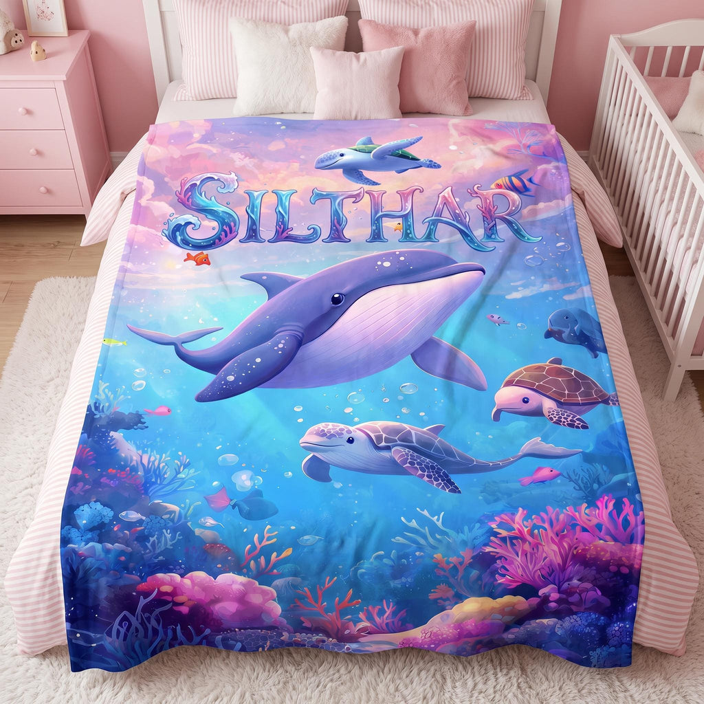 Personalized Ocean Blanket, Custom Name Whale Baby Blanket, Under the Sea Nursery Decor, Dreamy Sea Turtle Kids' Throw, Baby Shower Gift