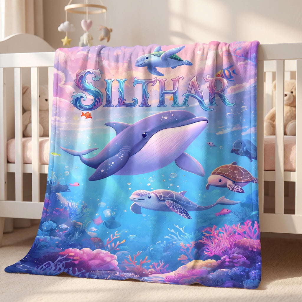 Personalized Ocean Blanket, Custom Name Whale Baby Blanket, Under the Sea Nursery Decor, Dreamy Sea Turtle Kids' Throw, Baby Shower Gift