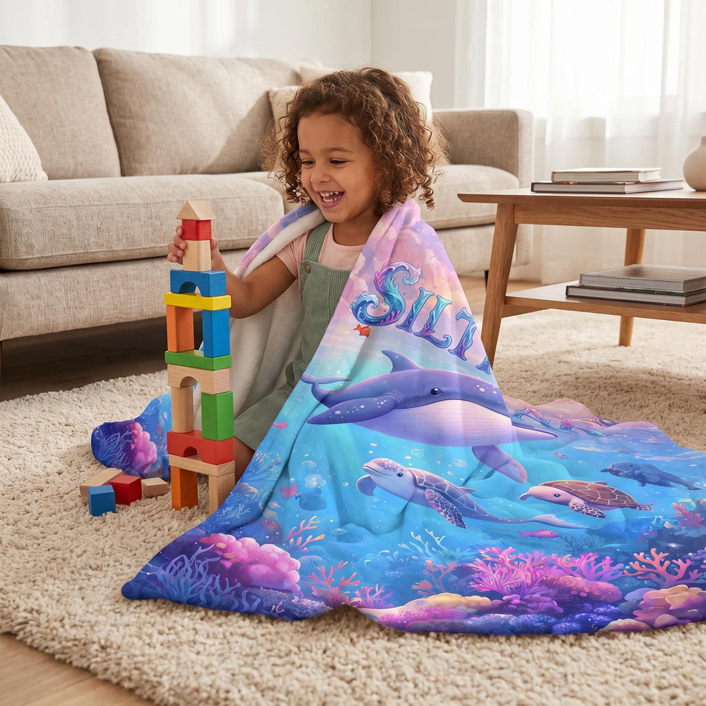 Personalized Ocean Blanket, Custom Name Whale Baby Blanket, Under the Sea Nursery Decor, Dreamy Sea Turtle Kids' Throw, Baby Shower Gift