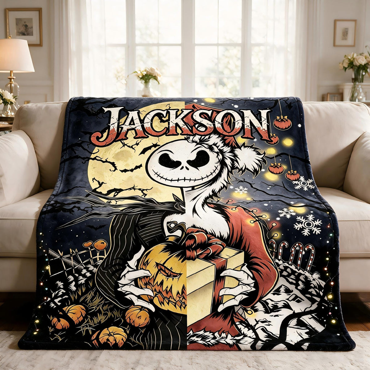 Personalized Pumpkin King Flannel Blanket, Custom Jack Skellington Name Throw, Halloween Christmas Room Decor, Spooky Movie Fan Gift