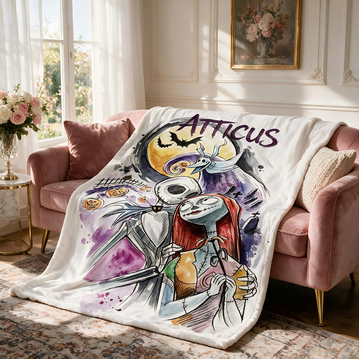 Personalized Jack and Sally Flannel Blanket, Custom Name Halloween Christmas Throw, Spooky Couple Gift, Gothic Room Decor, Watercolor Art