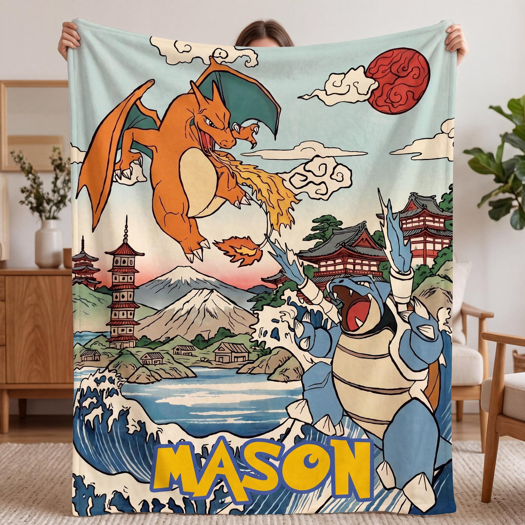 Personalized Anime Blanket, Custom Monster Throw, Fire Dragon vs Water Turtle, Evolution Fox, Gamer Boy Gift, Japanese Wave Kids Bedding