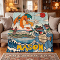 Personalized Anime Blanket, Custom Monster Throw, Fire Dragon vs Water Turtle, Evolution Fox, Gamer Boy Gift, Japanese Wave Kids Bedding