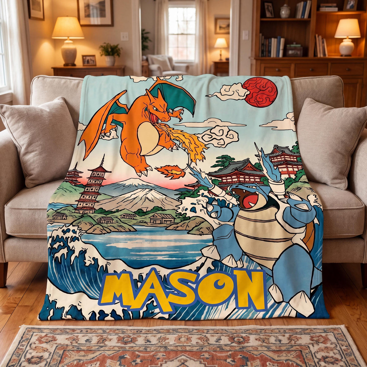 Personalized Anime Blanket, Custom Monster Throw, Fire Dragon vs Water Turtle, Evolution Fox, Gamer Boy Gift, Japanese Wave Kids Bedding